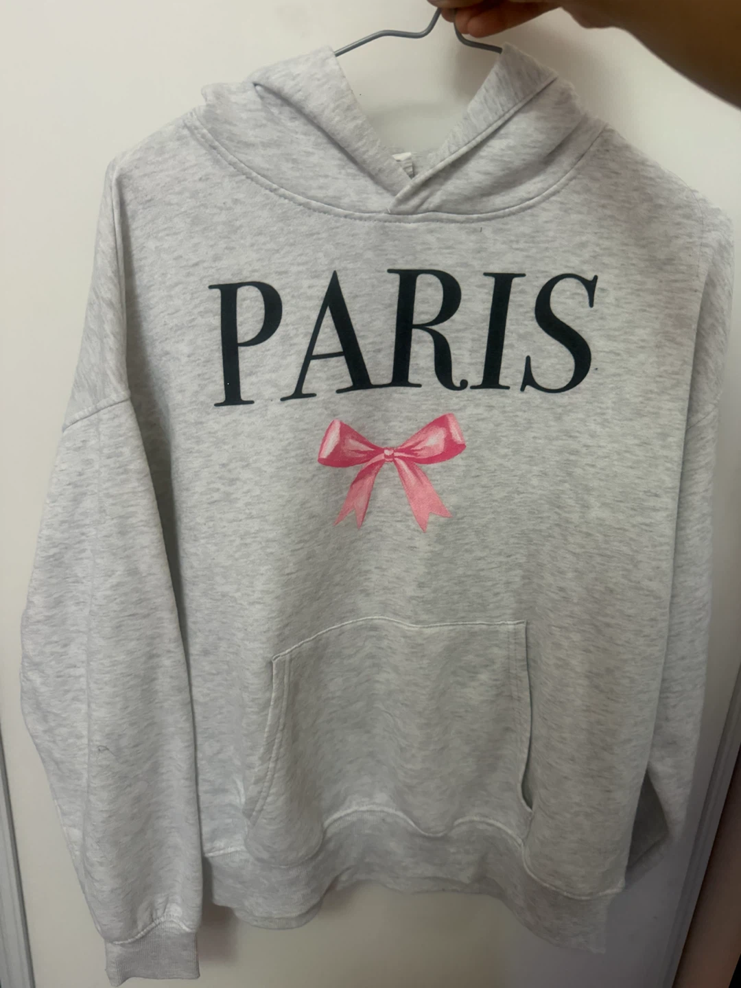 Light Grey "Paris" Hoodie with Pink Bow