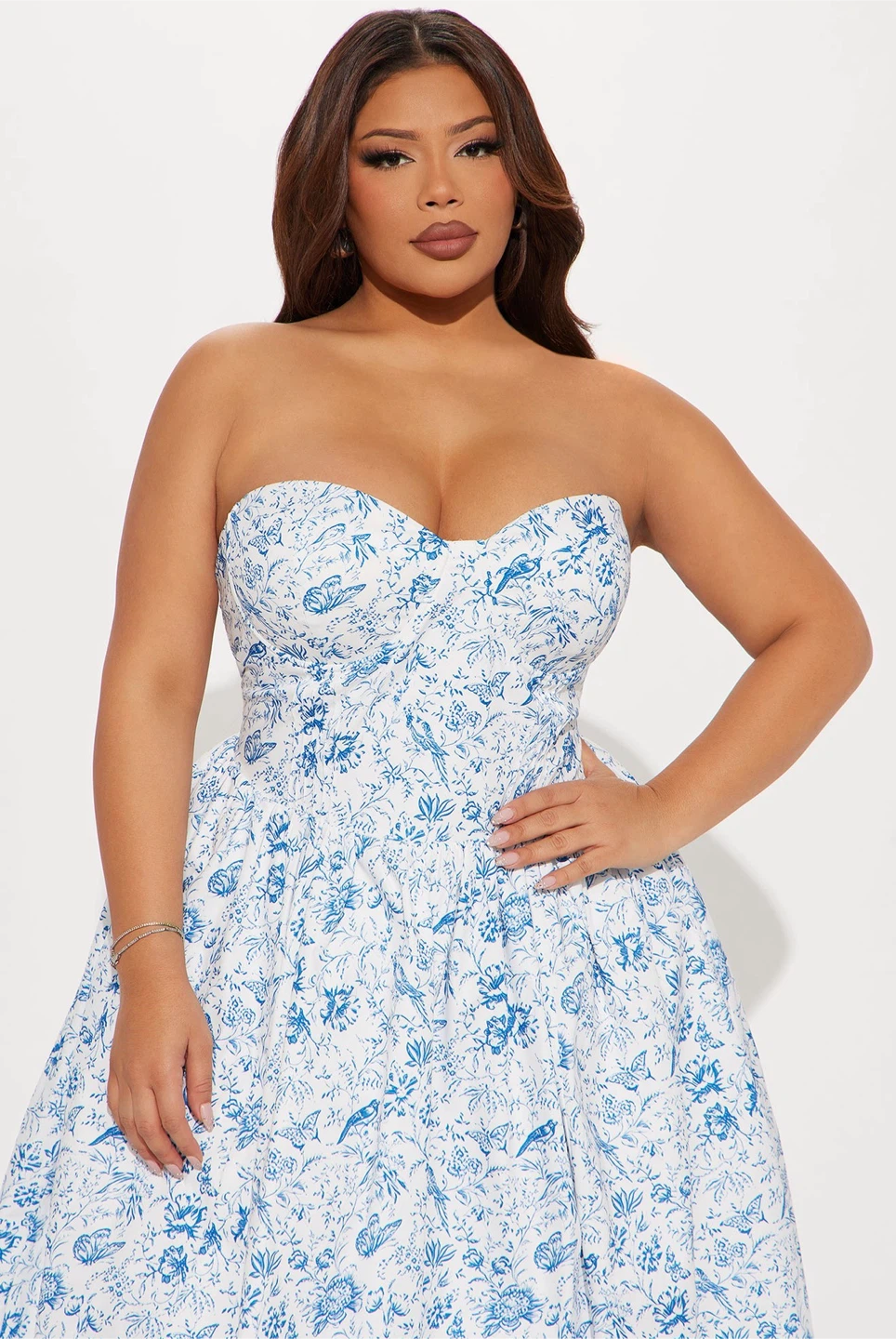 Blue and White Floral Print Strapless Dress