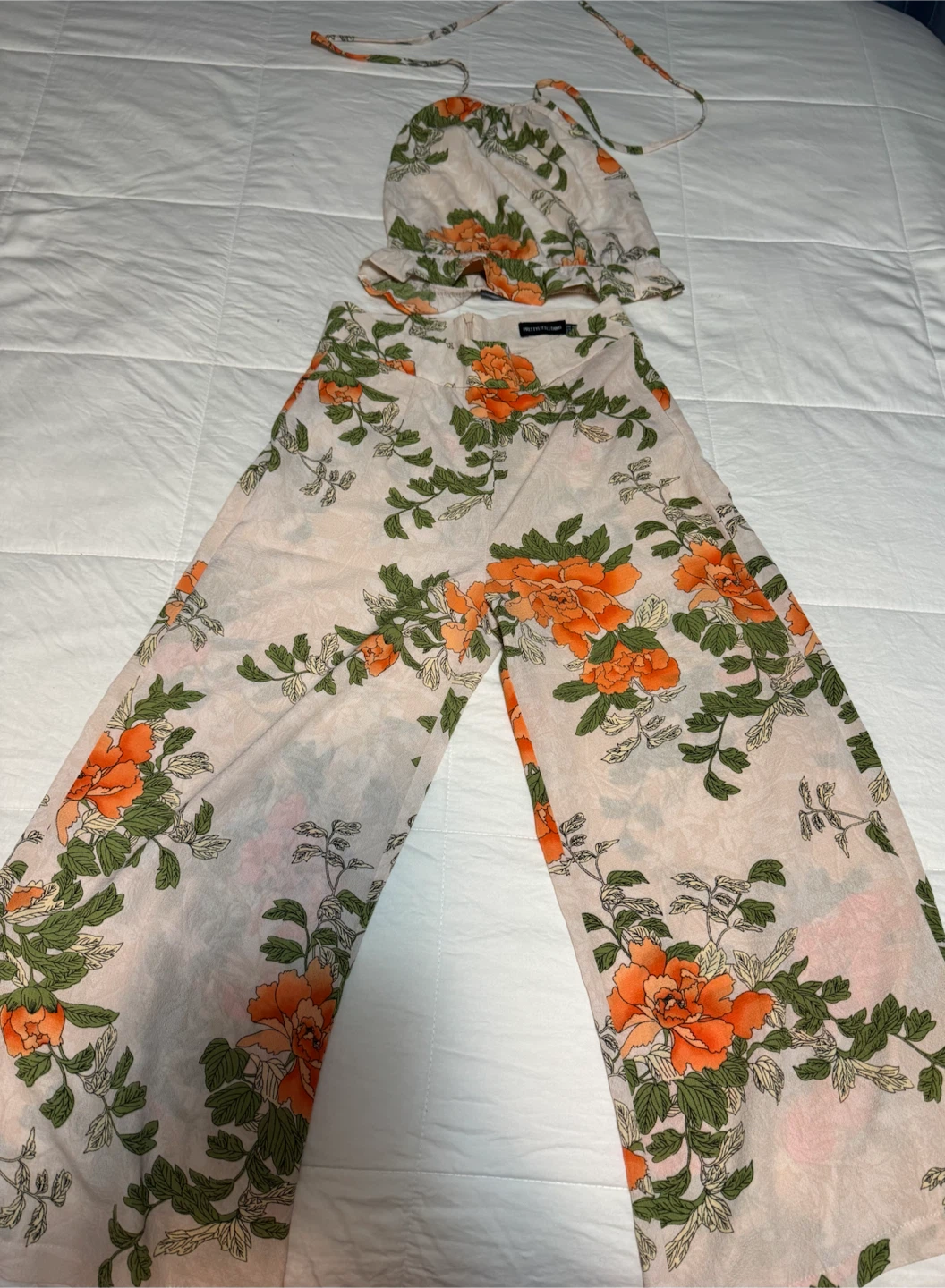 PrettyLittleThing floral crop top and wide leg pants set