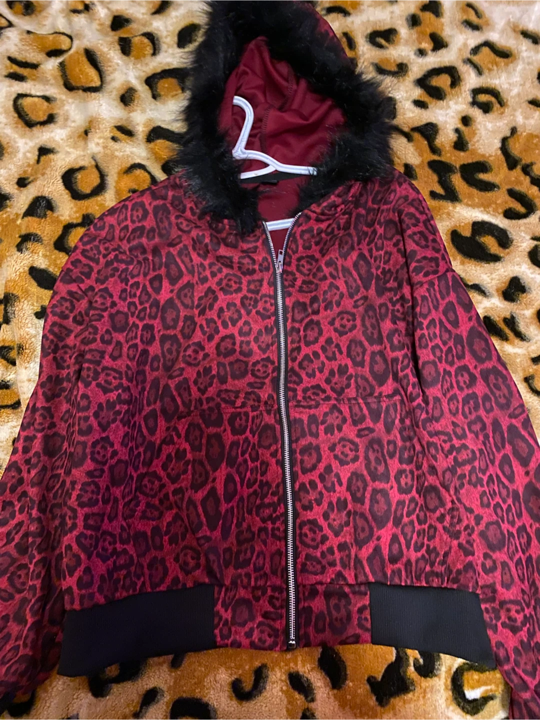Red Leopard Print Faux Fur Hooded Bomber Jacket