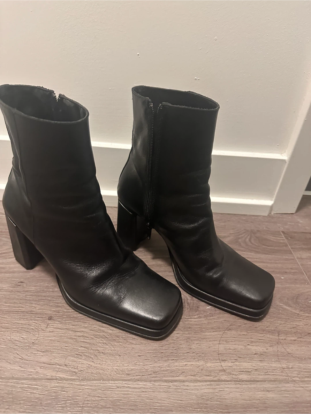 Black Square Toe Heeled Ankle Boots