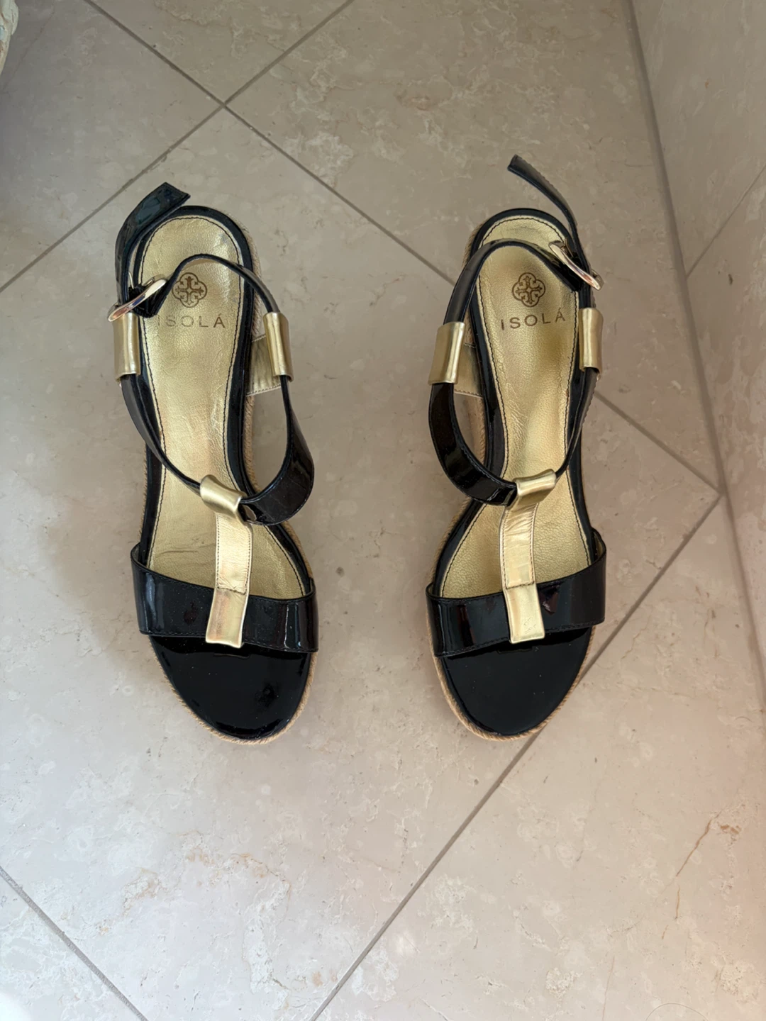 ISOLA Black Patent Espadrille Wedge Sandals