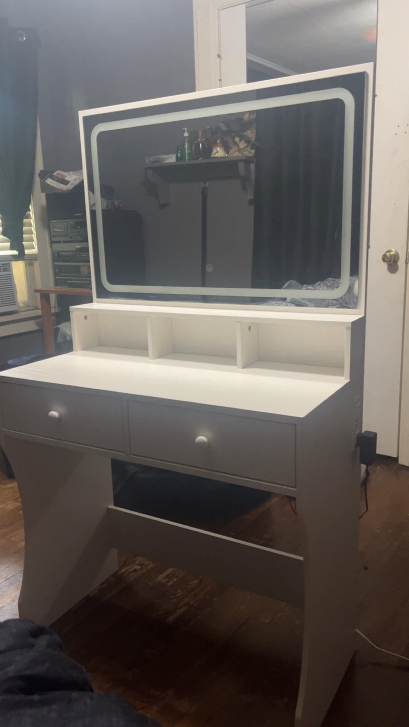 White Vanity Table with Light-Up Mirror and USB Ports