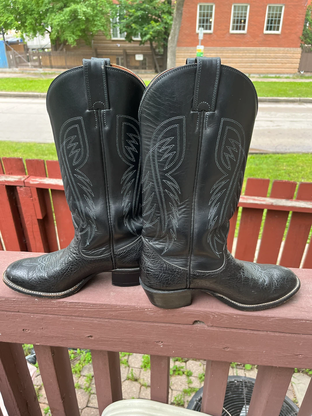 Black Leather Cowboy Boots with White Stitching