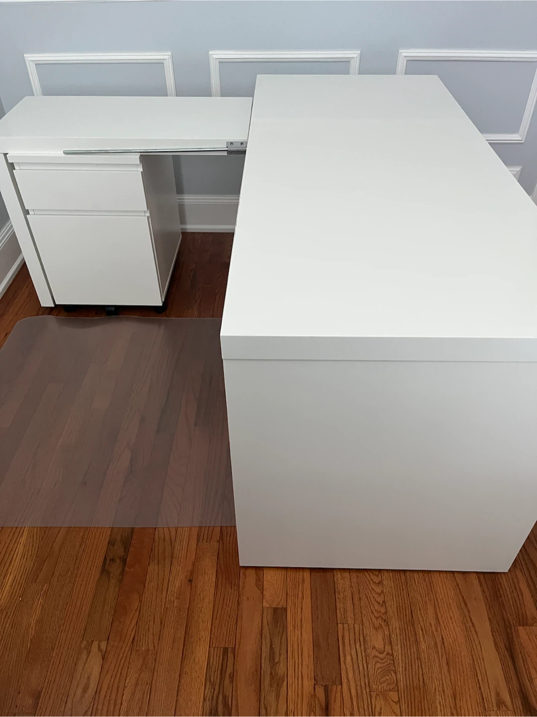 White L-Shaped Desk with File Cabinet
