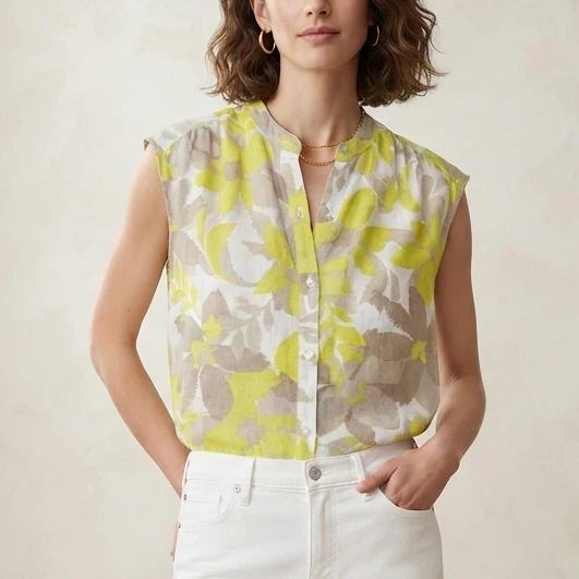 Calvin Klein Linen Blouse Yellow Floral Button Up Top Size M