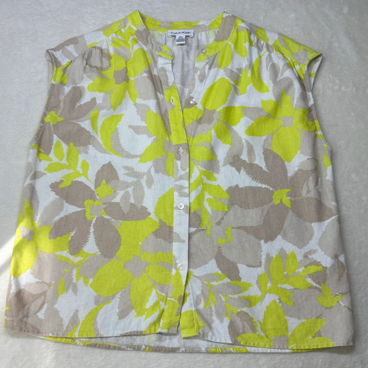 Calvin Klein Linen Blouse Yellow Floral Button Up Top Size M - photo 2