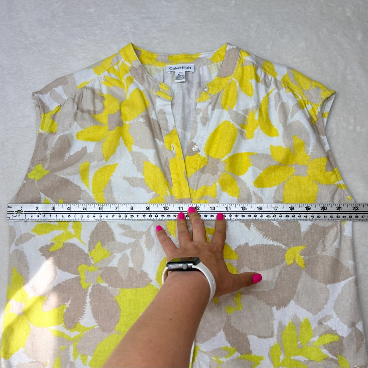 Calvin Klein Linen Blouse Yellow Floral Button Up Top Size M - photo 5