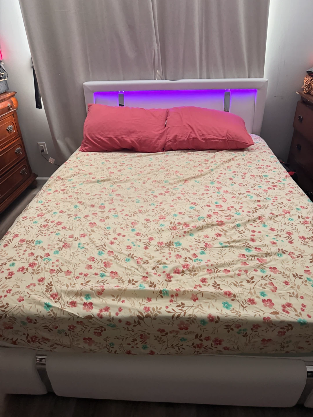 White Faux Leather Platform Bed Frame with LED Headboard