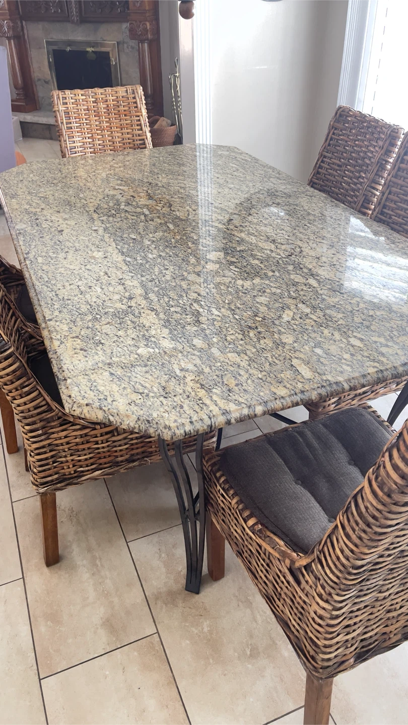 Beautiful Granite Dining Table Set – 6 Wicker Chairs Included