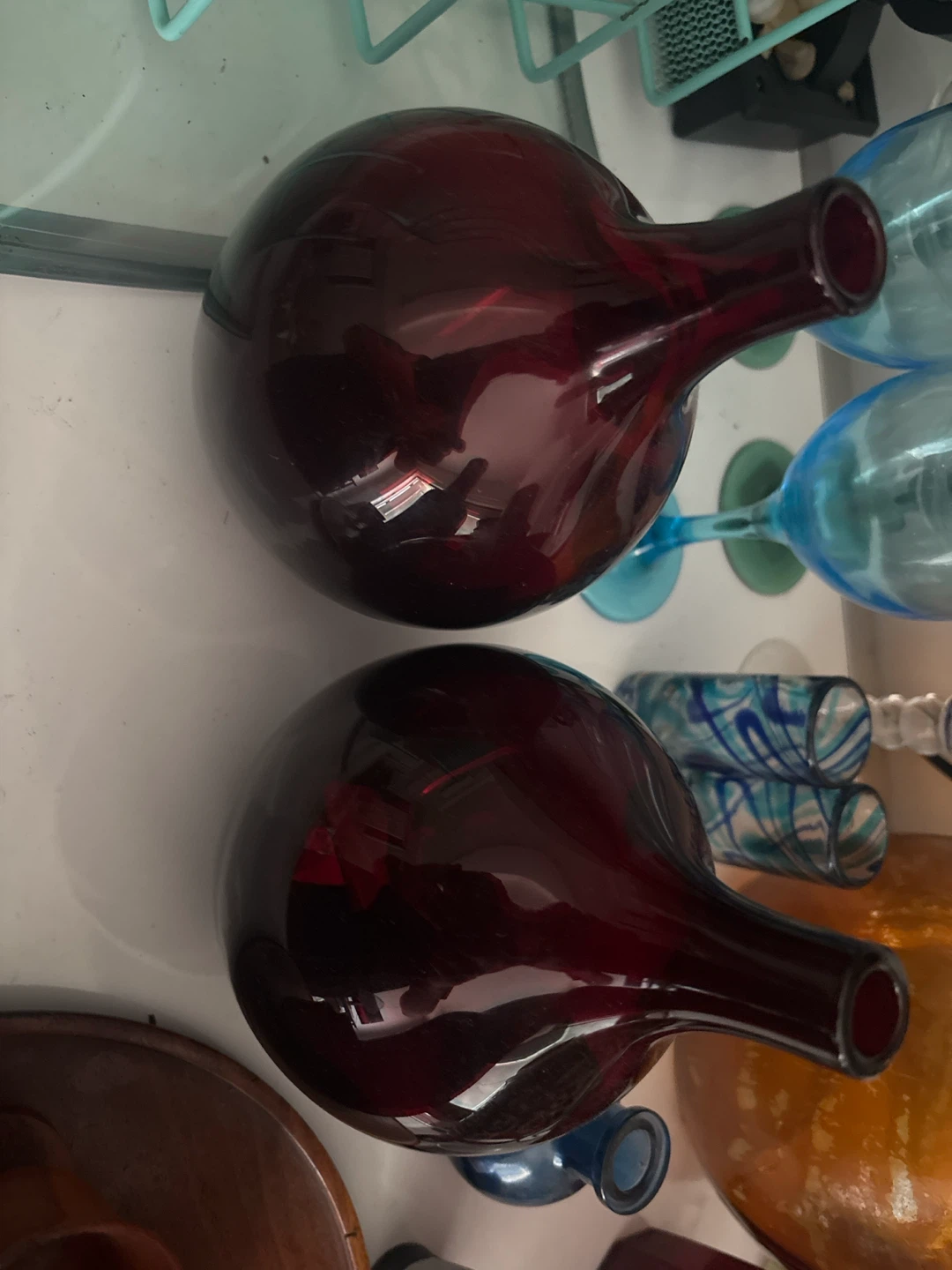 Set of 2 Dark Red Round Glass Bottles $3 each