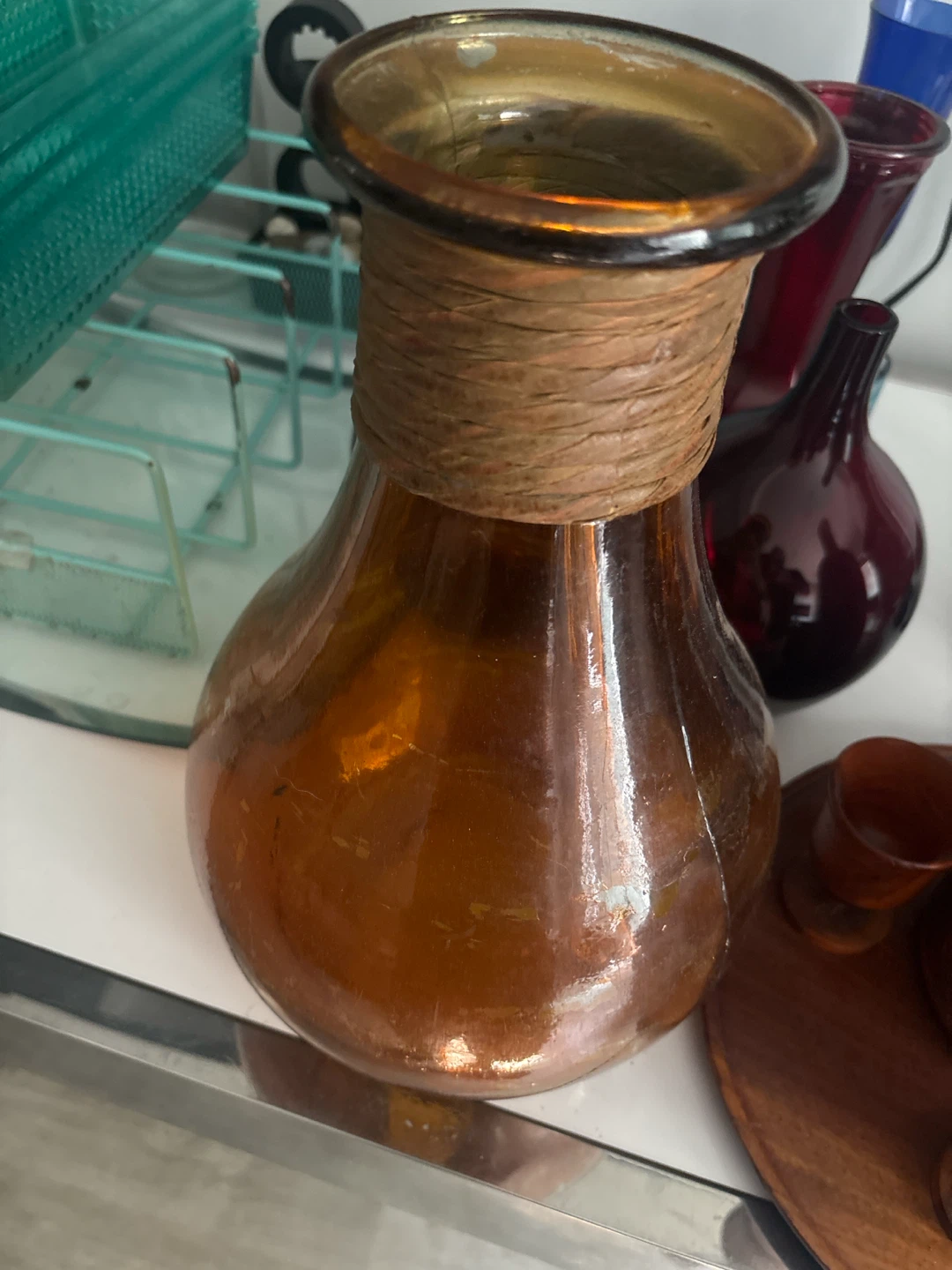 Vintage Amber Glass Vase with Rope Accent