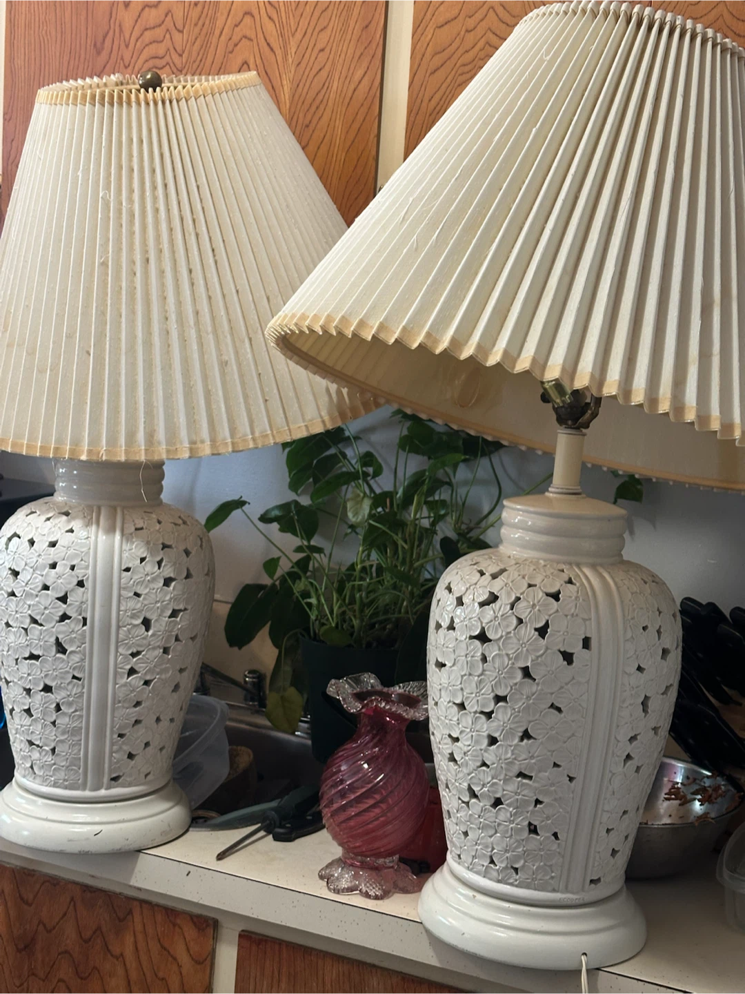 2 MCM Frederick Cooper Reticulated Table Lamps  Dogwood Flower