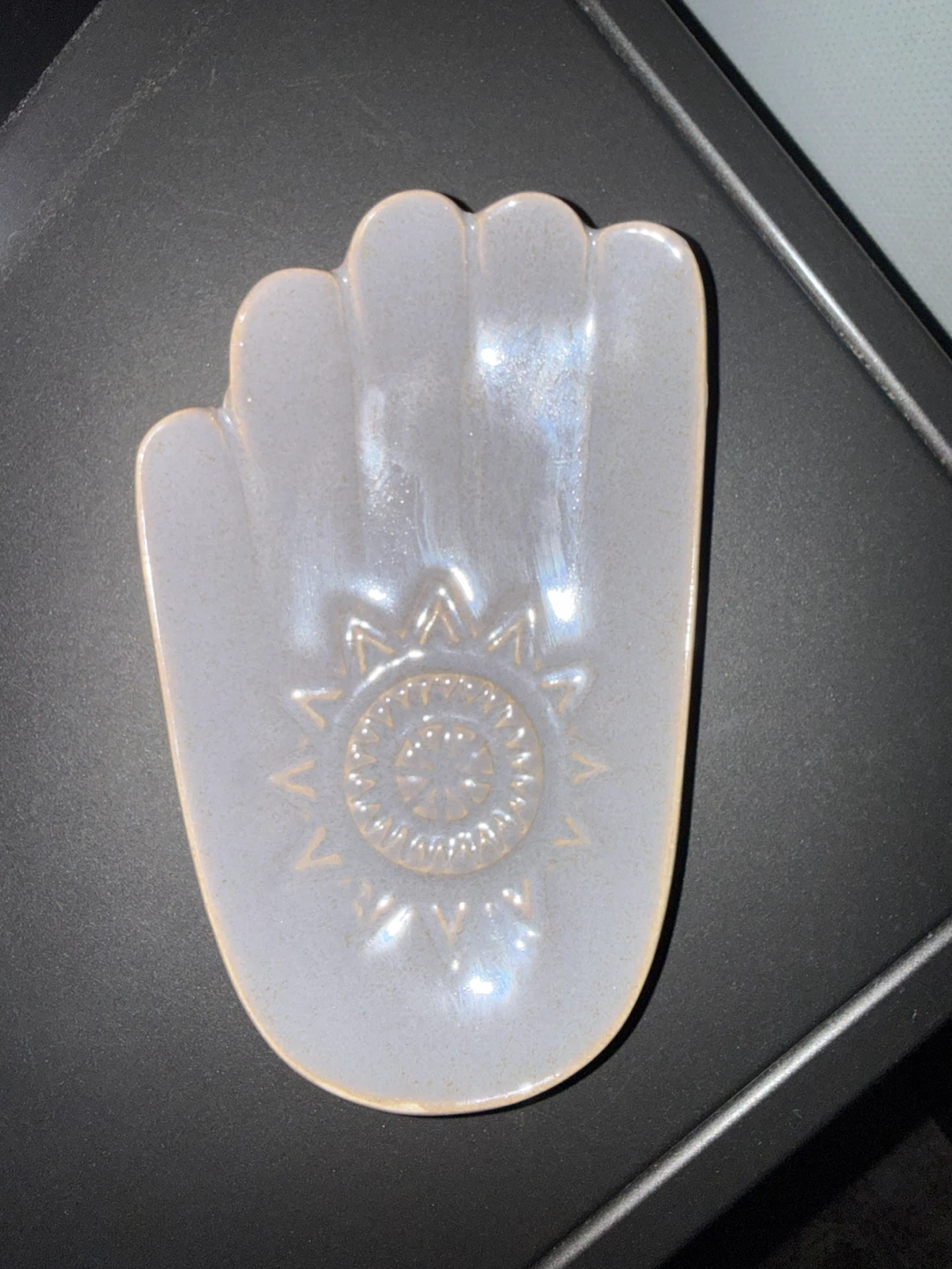 Ceramic Hand-Shaped Dish with Sun Design
