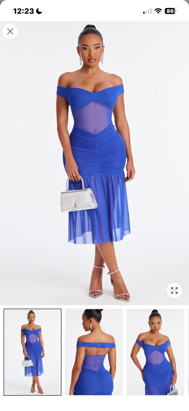 Royal Blue Off-the-Shoulder Mesh Ruched Dress