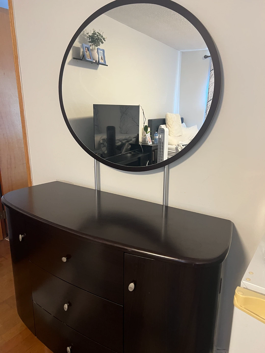 Dark Wood Dresser with Round Mirror