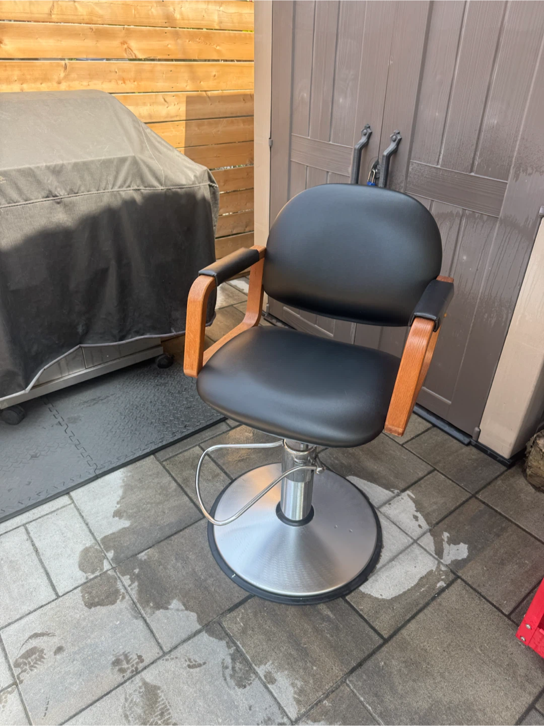 Black Hydraulic Barber Chair with Wood Accents