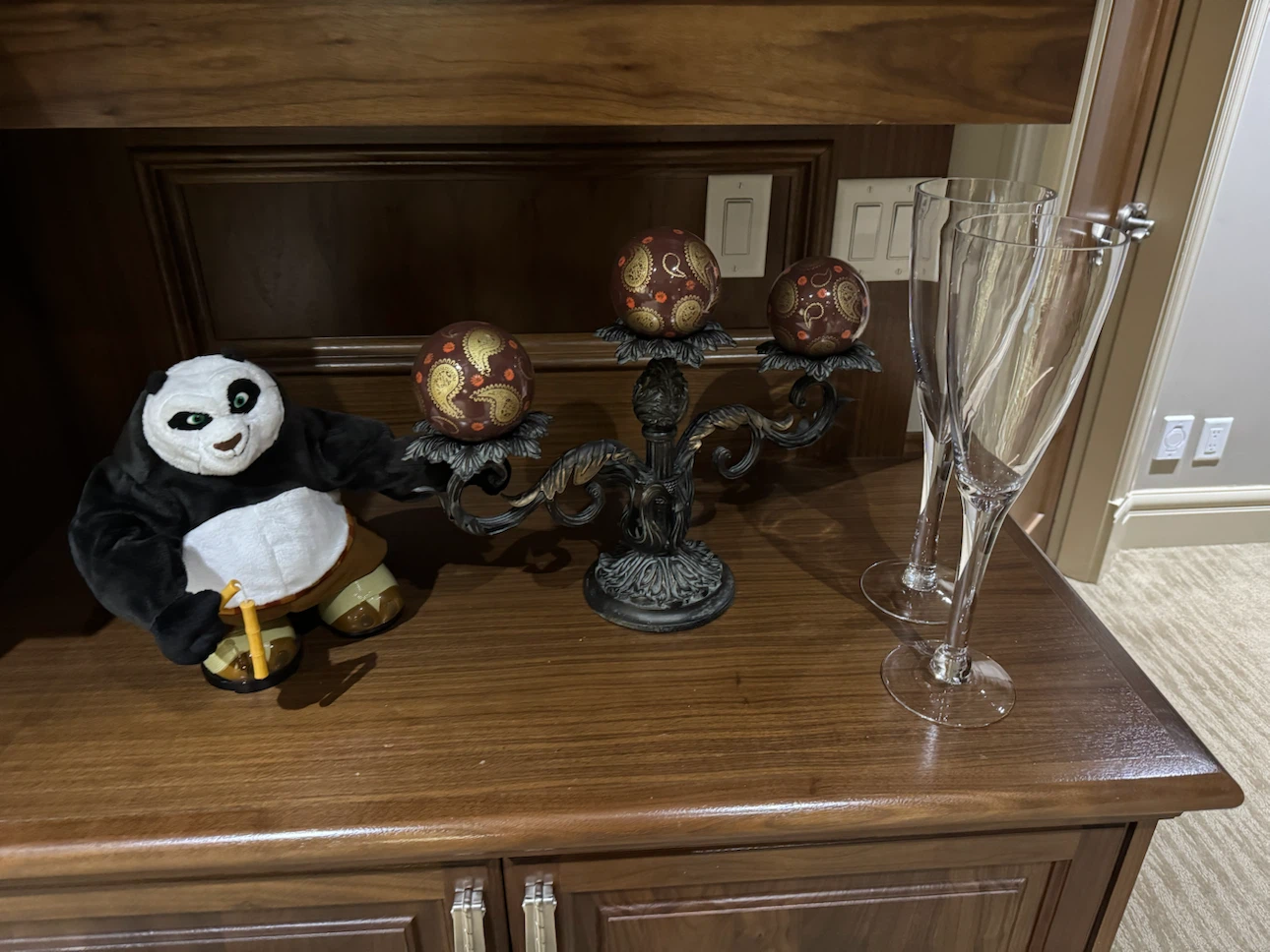 Decorative Candelabra with 3 Orbs and 2 Champagne Flutes