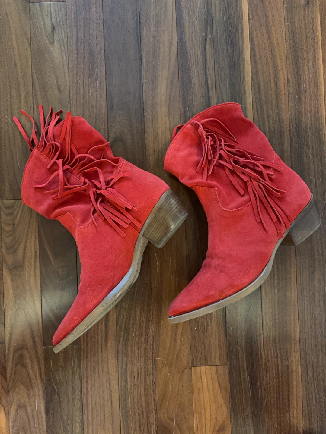 Red Suede Fringe Ankle Boots (used)