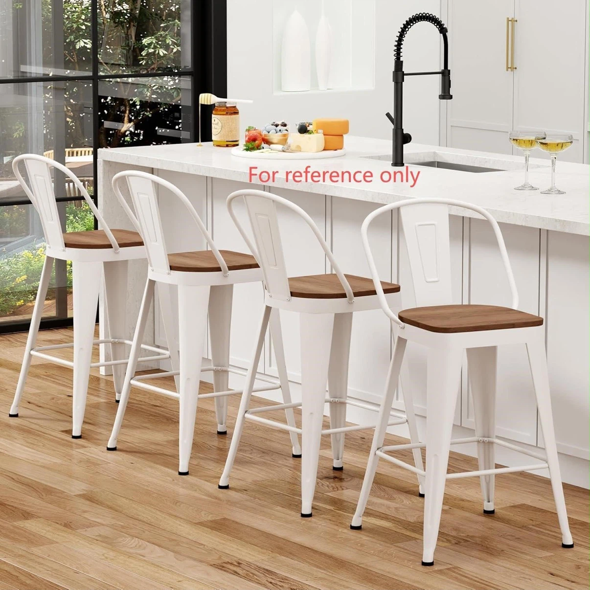 White Metal Bar Stool with Wooden Seat - 24" Seat Height