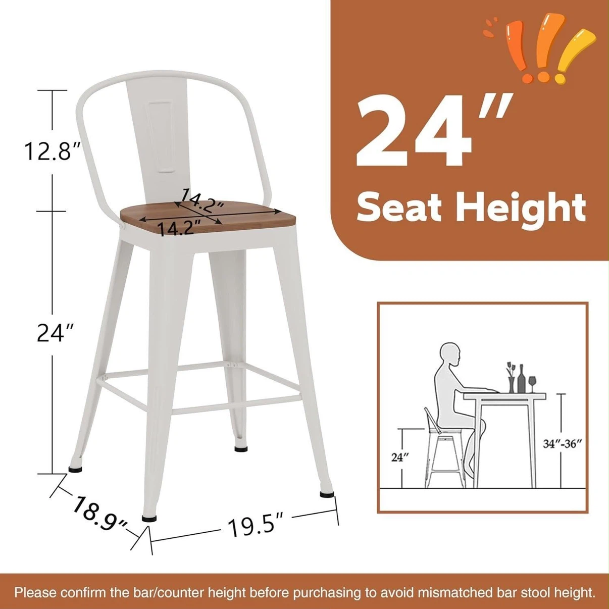 White Metal Bar Stool with Wooden Seat - 24" Seat Height - photo 2