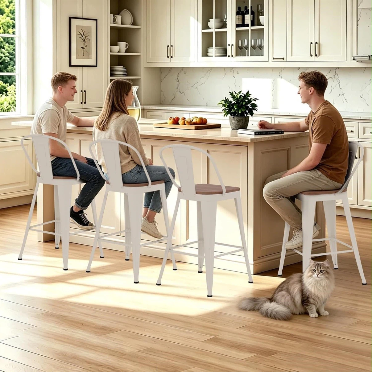 White Metal Bar Stool with Wooden Seat - 24" Seat Height - photo 5