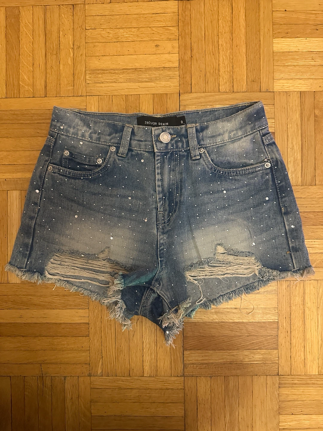Denim Rhinestone Distressed Shorts