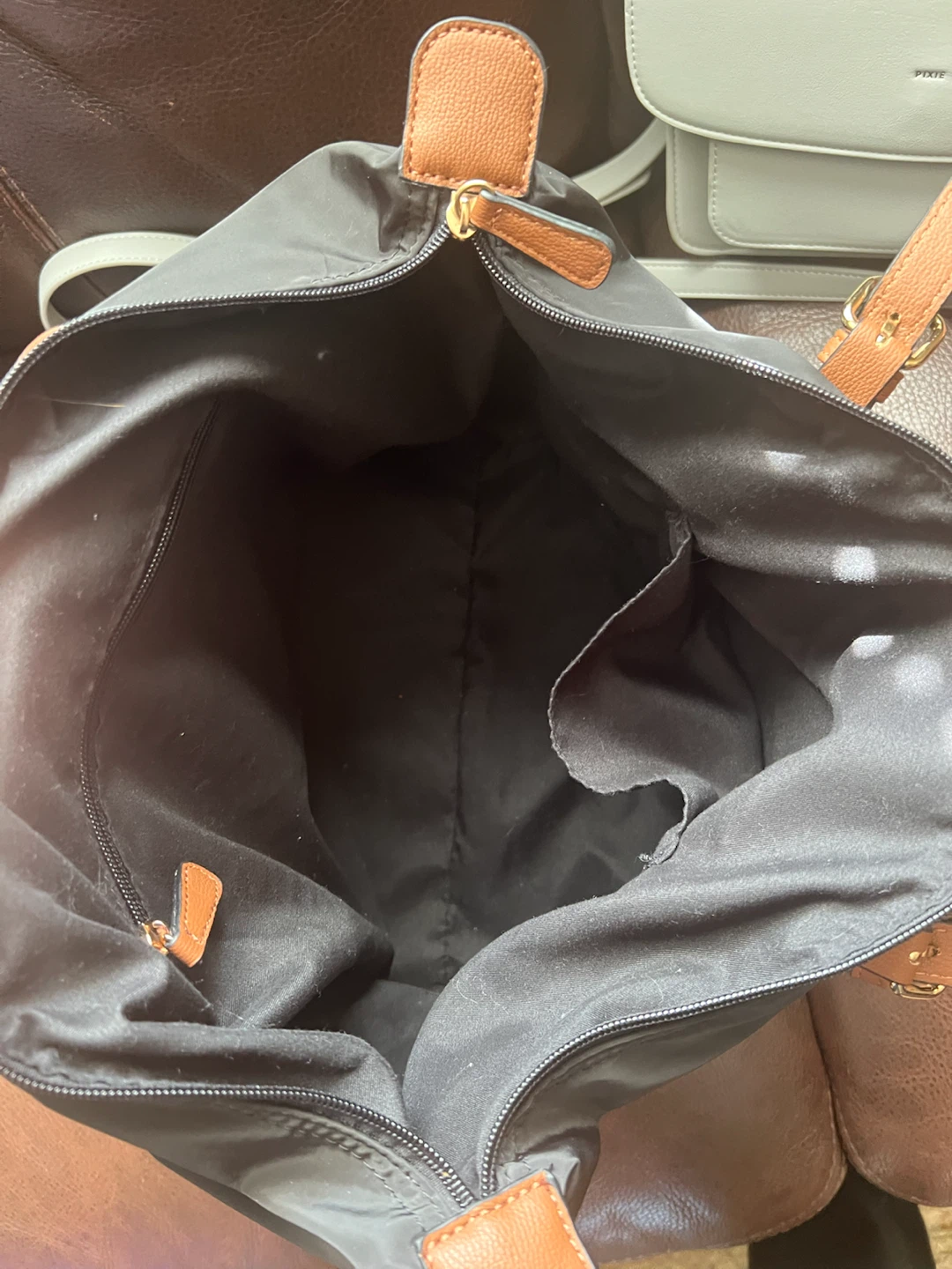 Black Nylon Tote Bag with Brown Faux Leather Trim - photo 3