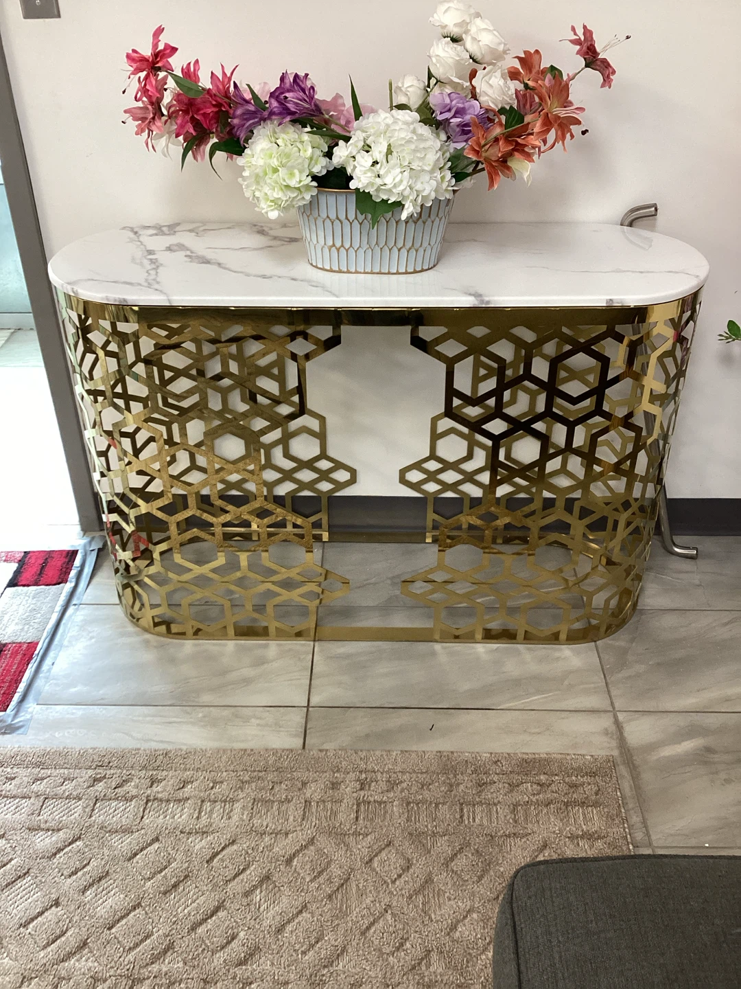 Gold Metal Console Table with Marble Top