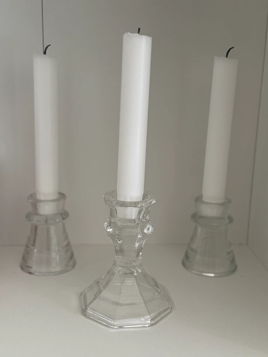 Set of 3 Glass Candlesticks with White Taper Candles