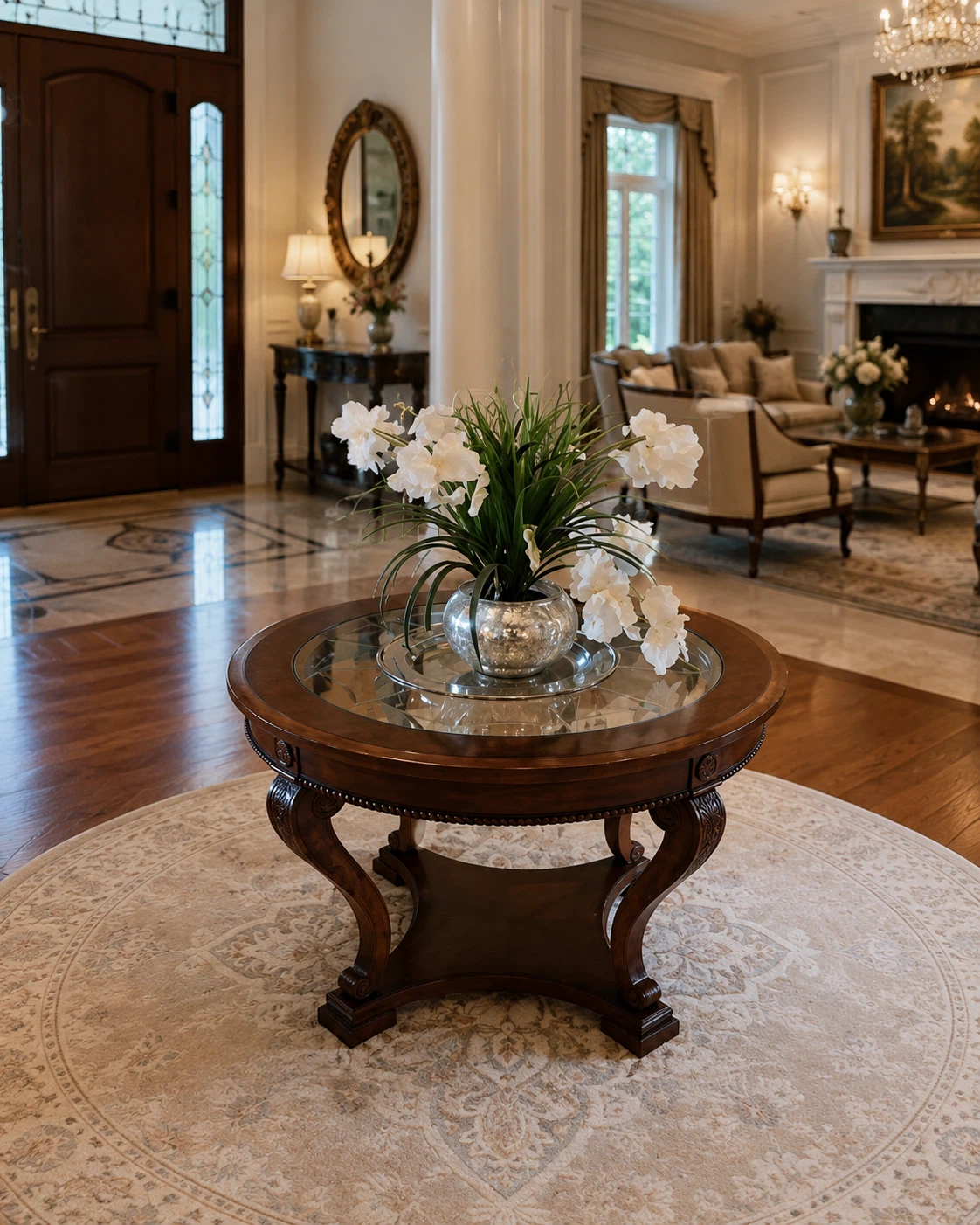 Round Wooden Accent Table with Glass Top