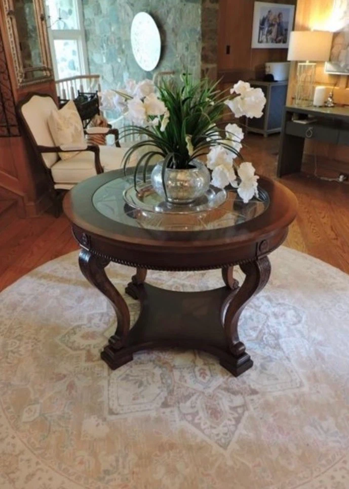 Round Wooden Accent Table with Glass Top - photo 4