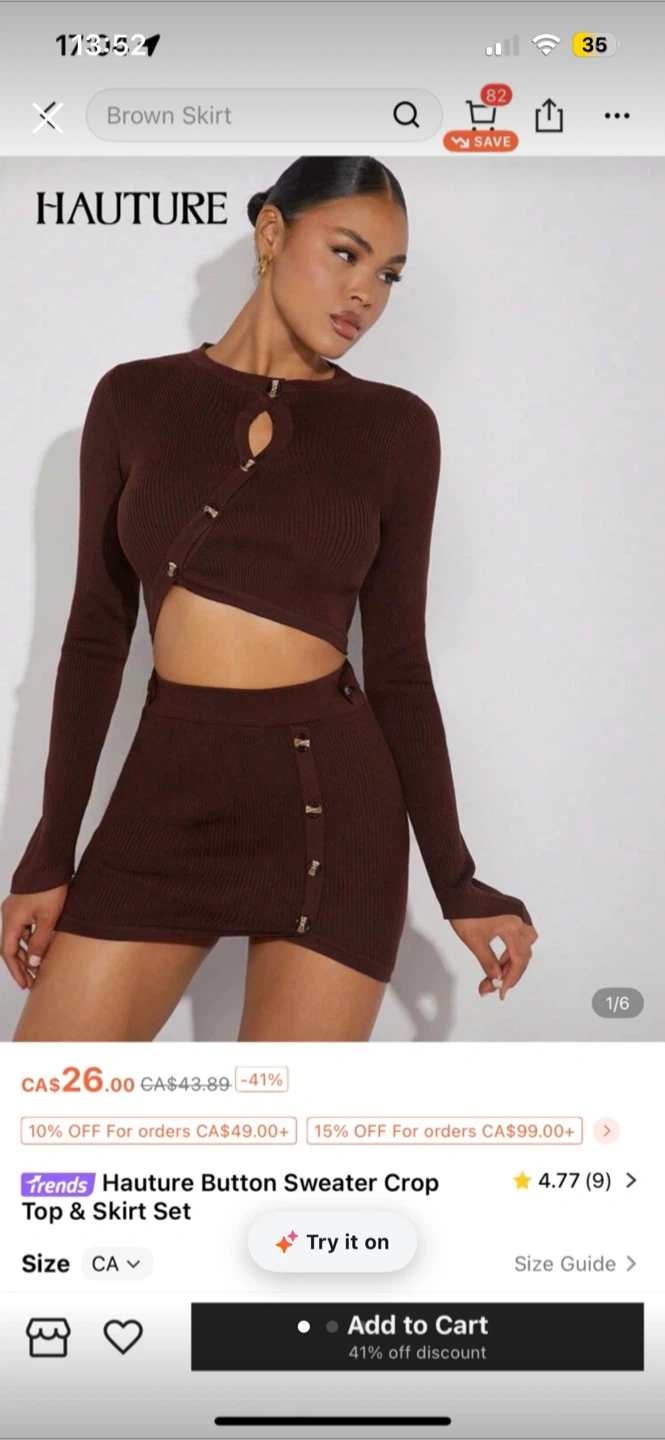 Brown Button Sweater Crop Top & Skirt Set NEW