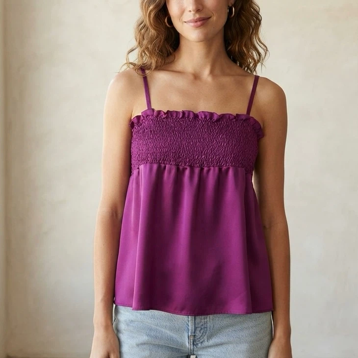 La Senza Purple Satin Shirred Babydoll Top Size S Smocked