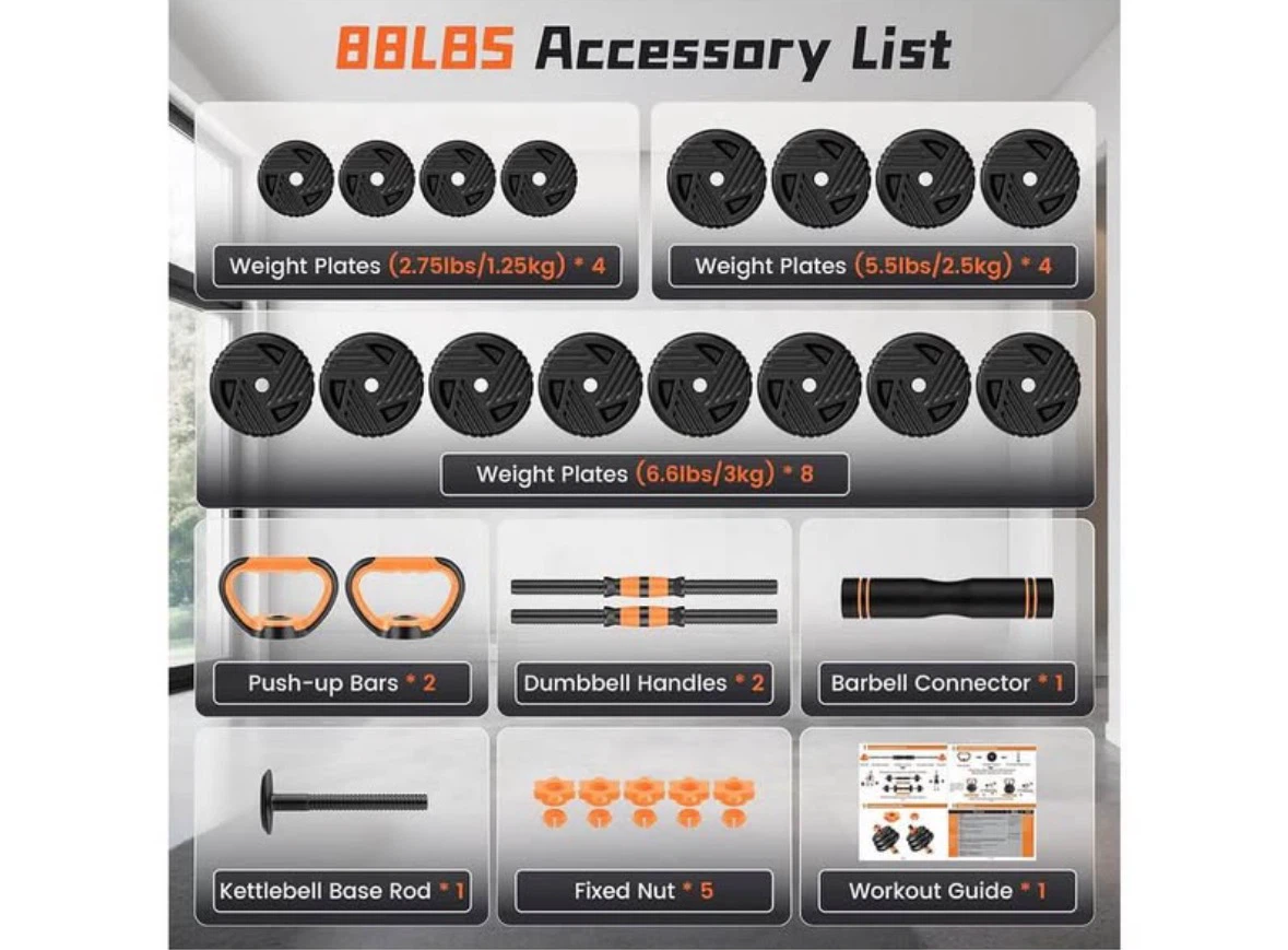 NEW 88LB Adjustable Dumbbell & Barbell Set - photo 3