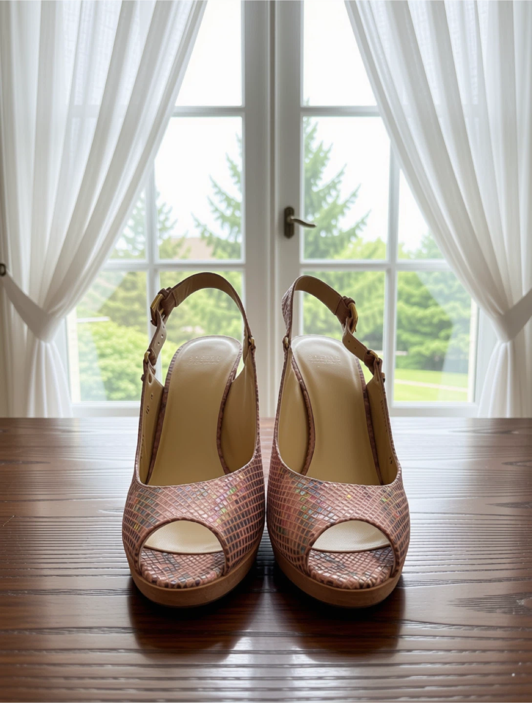 Stuart Weitzman "Geneve" Adobe Laser Snake Peep Toe Heels