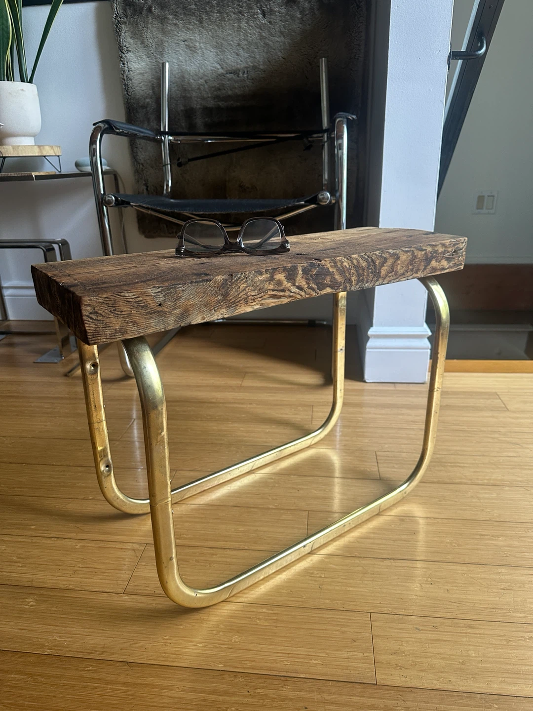 VINTAGE RECLAIMED WOOD ACCENT SIDE COFFEE TABLE BRASS CHROME