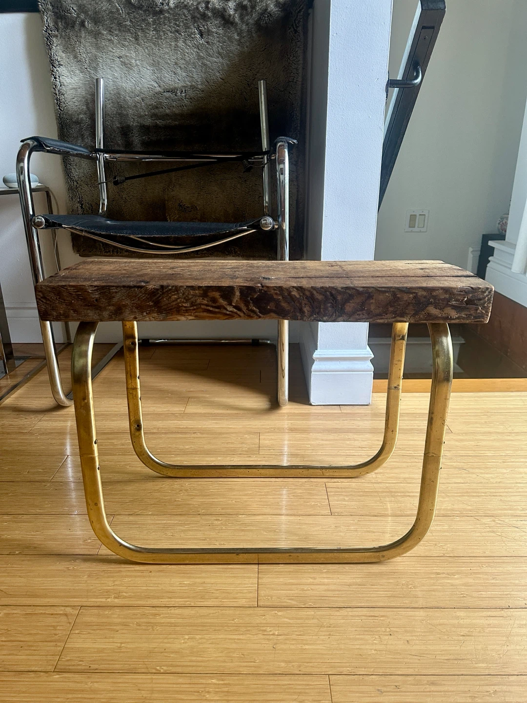 VINTAGE RECLAIMED WOOD ACCENT SIDE COFFEE TABLE BRASS CHROME - photo 3