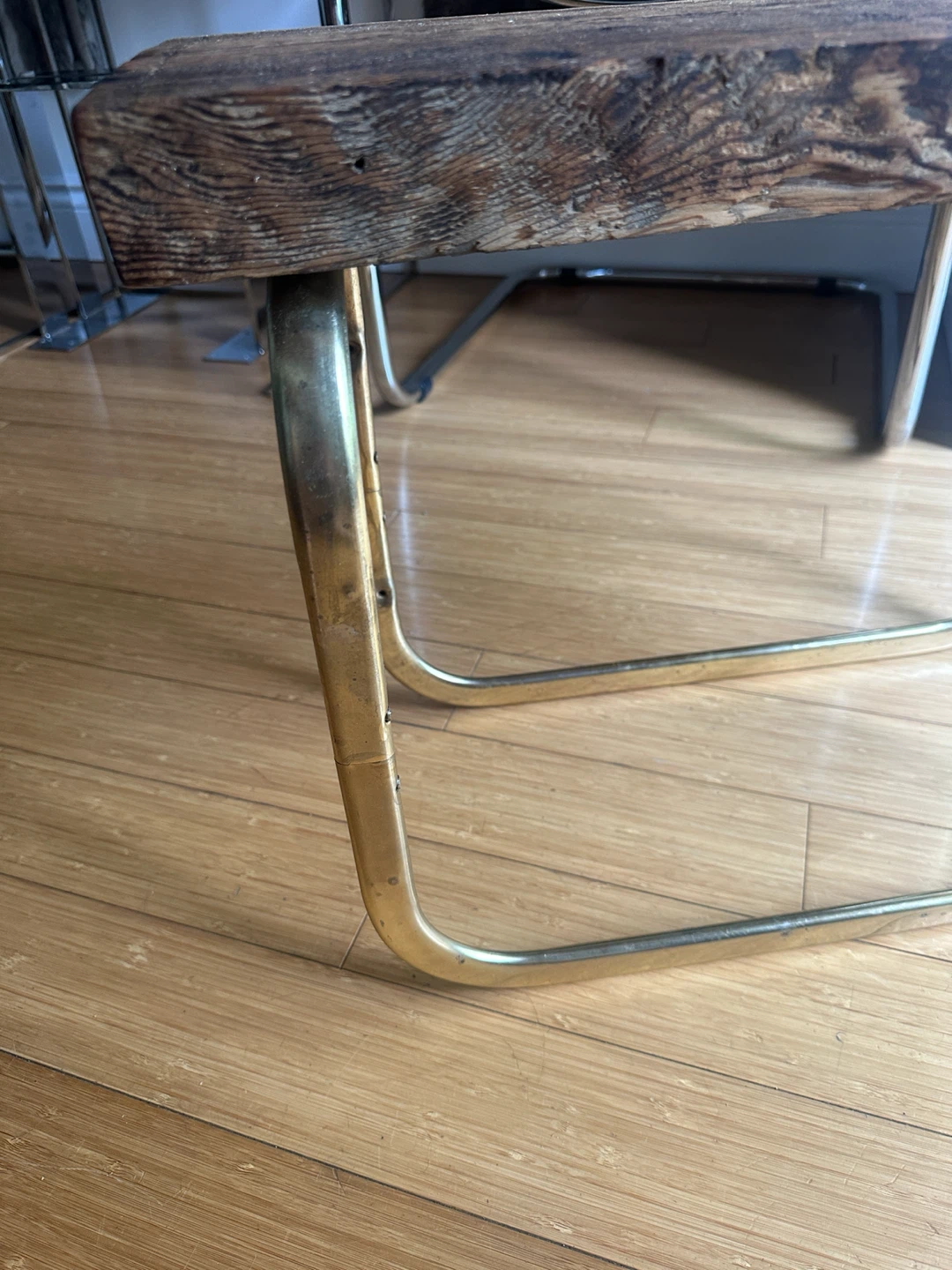 VINTAGE RECLAIMED WOOD ACCENT SIDE COFFEE TABLE BRASS CHROME - photo 4