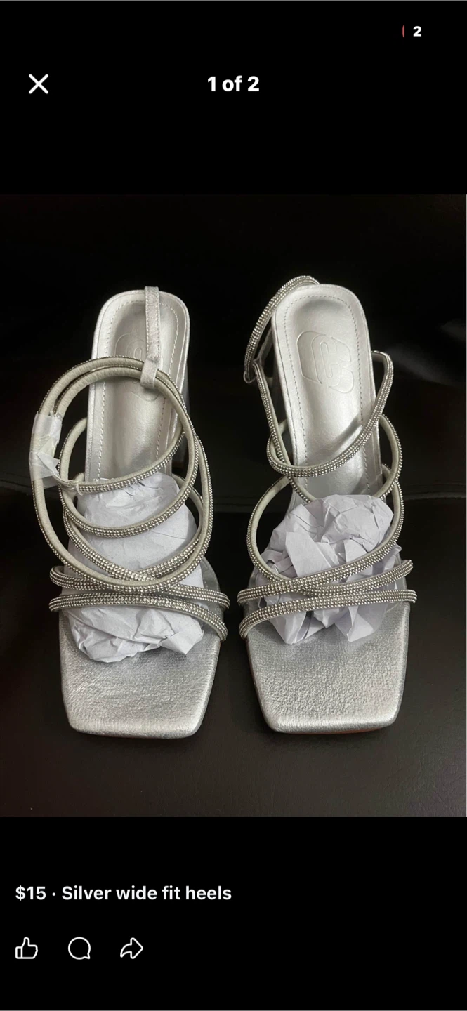 Silver Wide Fit Heels with Rhinestone Straps