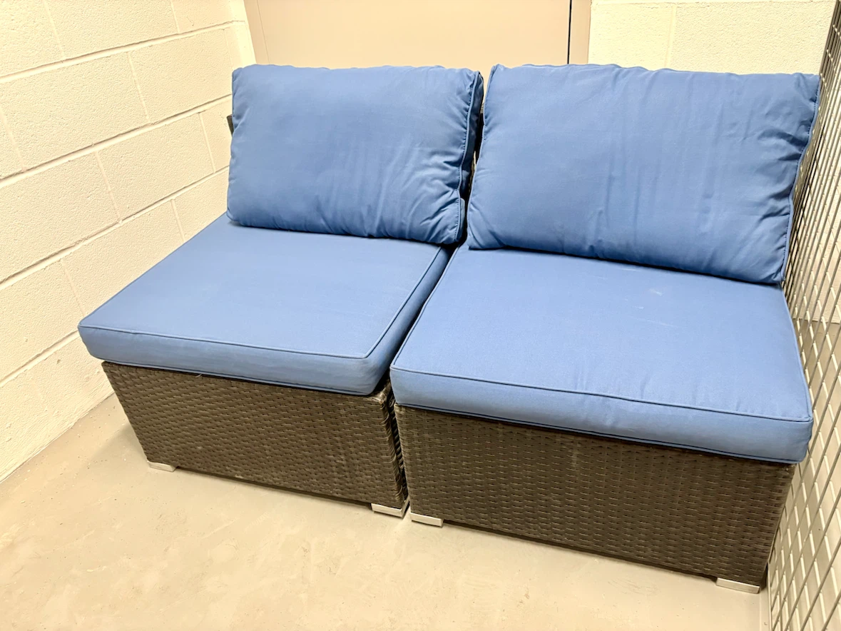 Outdoor Wicker Loveseat with Blue Cushions