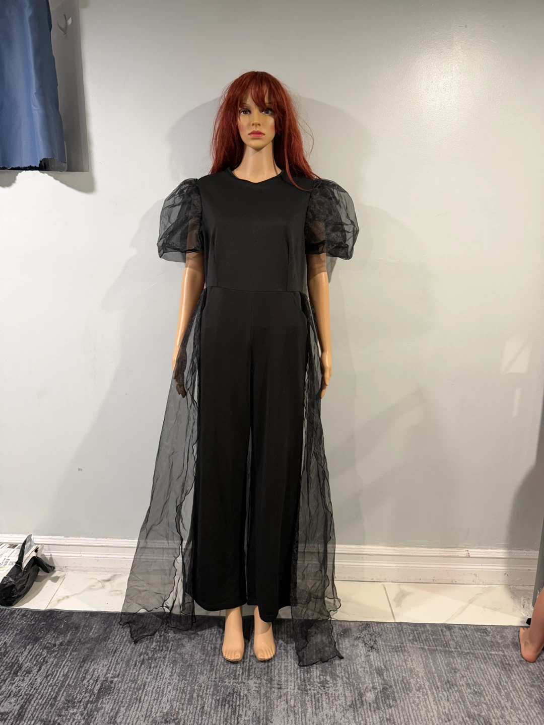Black Sheer Puff Sleeve Jumpsuit