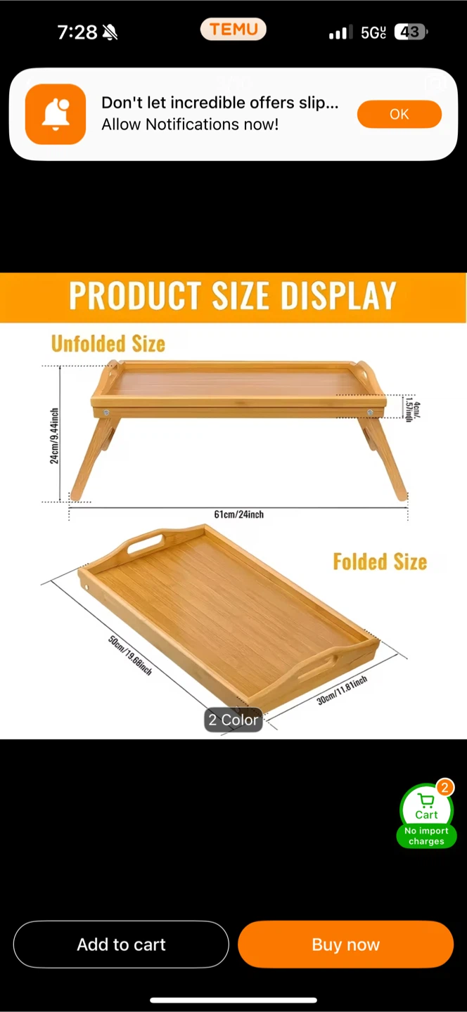 Bamboo Breakfast Tray with Foldable Legs - photo 2
