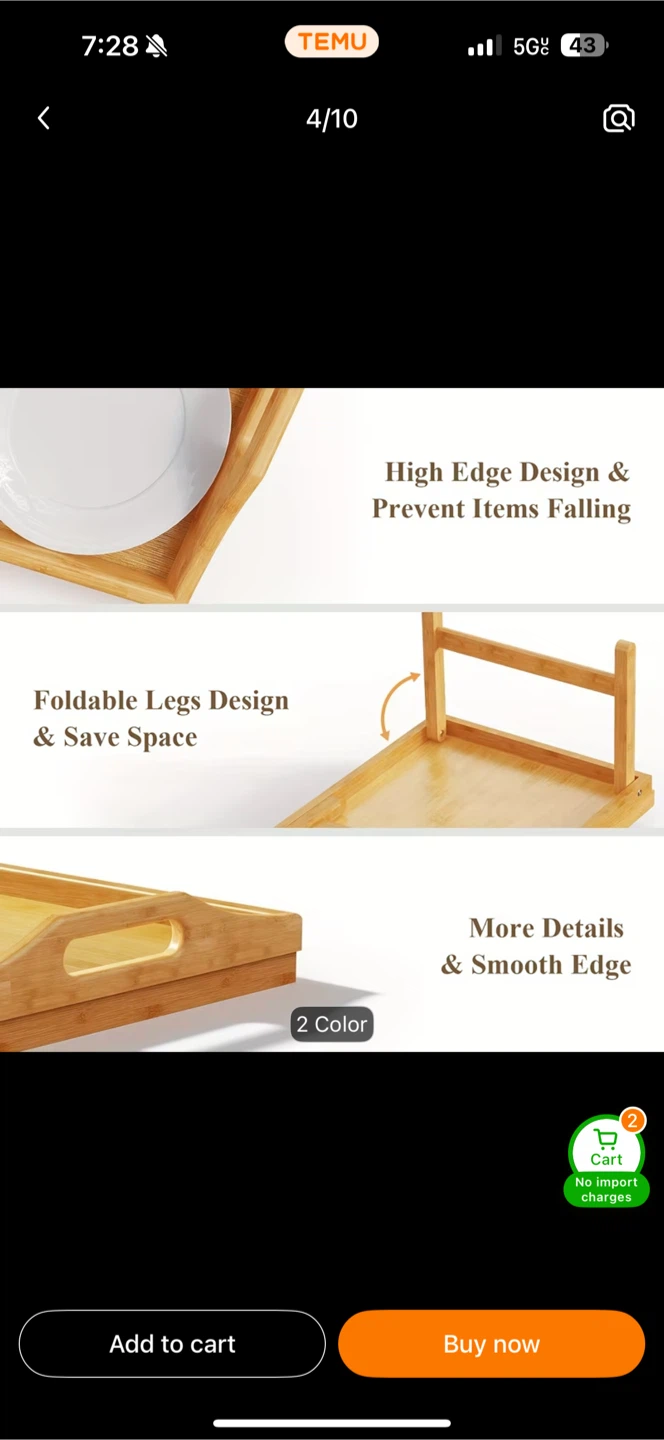Bamboo Breakfast Tray with Foldable Legs - photo 3