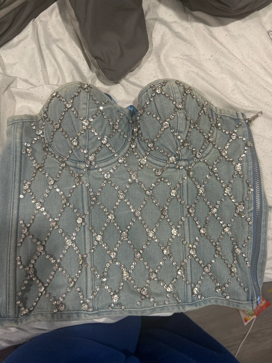Denim Corset Top with Rhinestone Embellishment