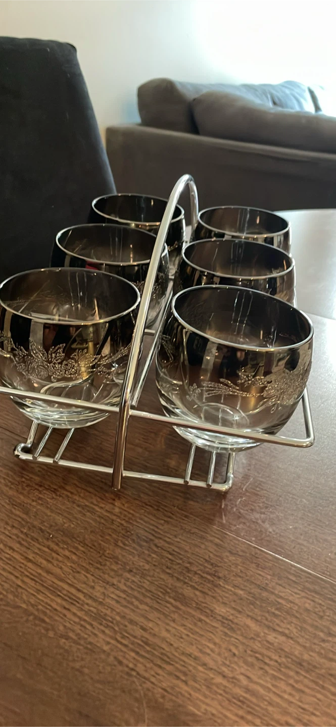 Vintage MCM Silver Fade Roly Poly Glasses with Caddy (Set of 6)