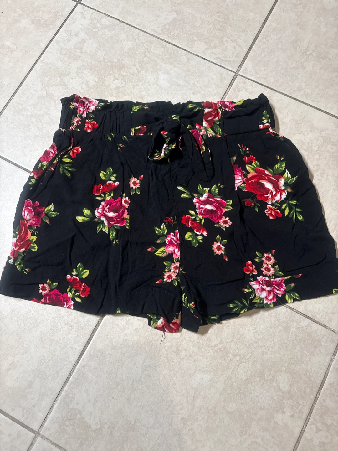 Black Floral Paperbag Shorts - photo 5