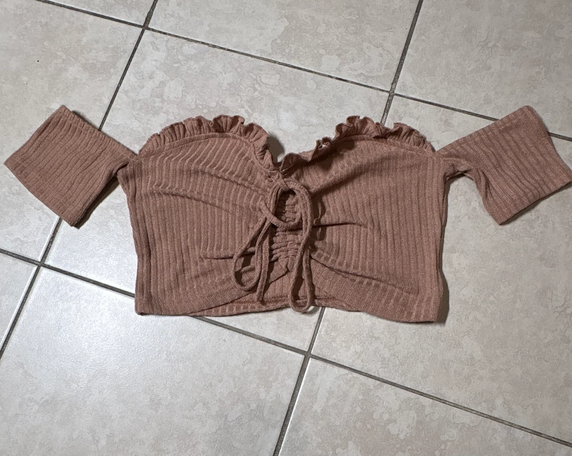 Brown ribbed off-the-shoulder crop top - photo 3