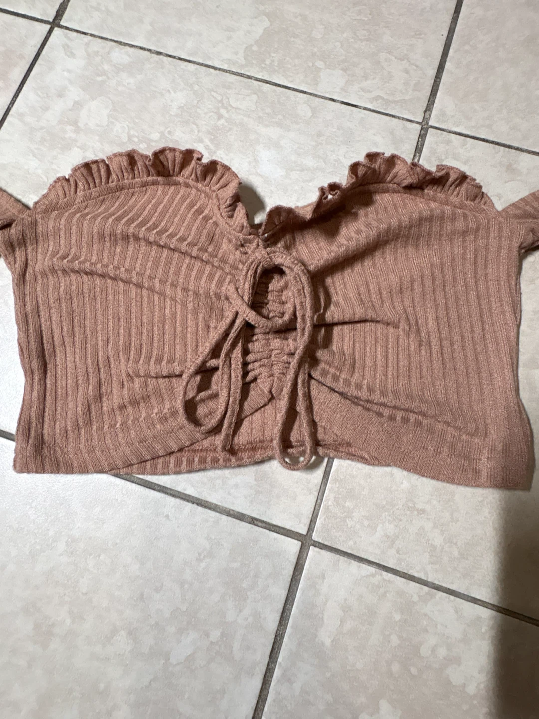 Brown ribbed off-the-shoulder crop top - photo 4