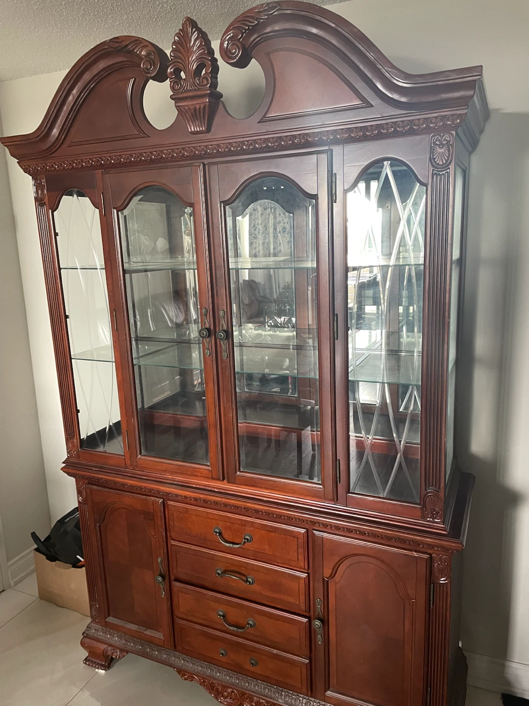 Cherry Wood China Cabinet with Glass Doors and Drawers